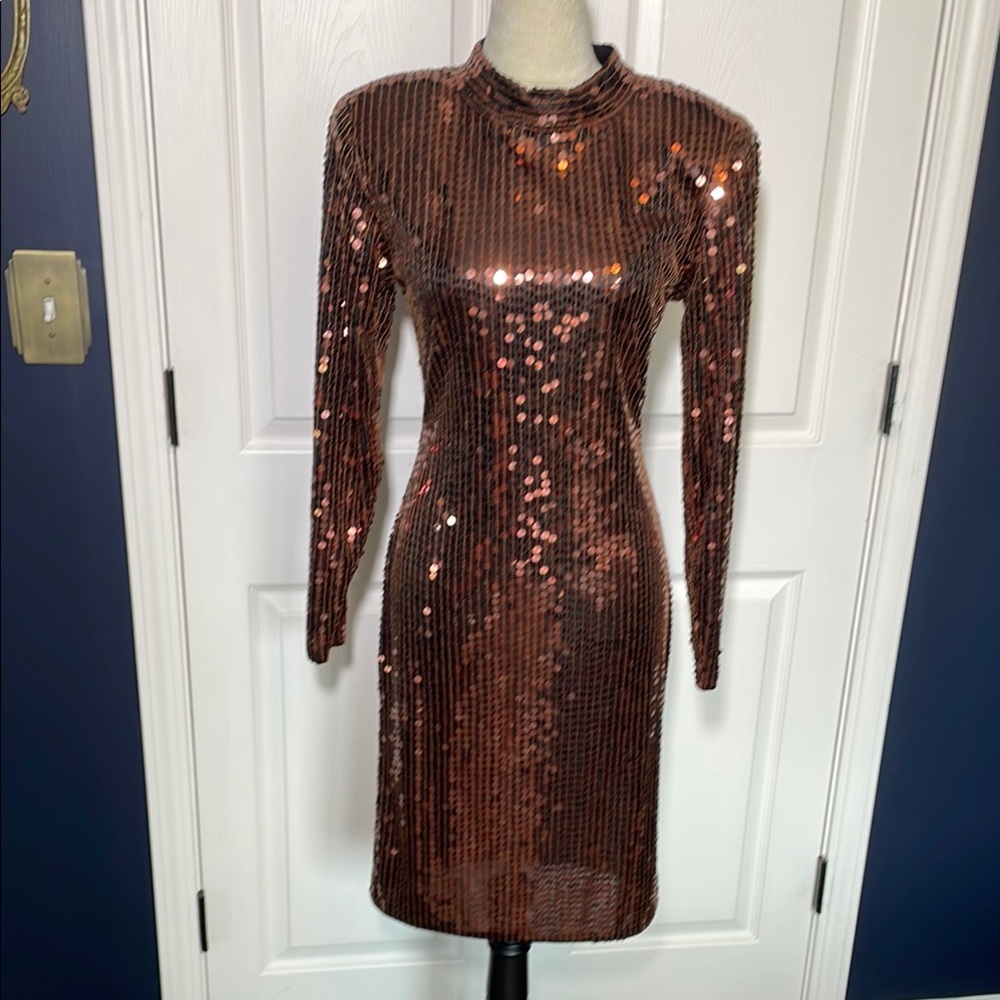 Vintage Sho Max Bronze Sequined Fitted Midi Dress Peep/Open Back